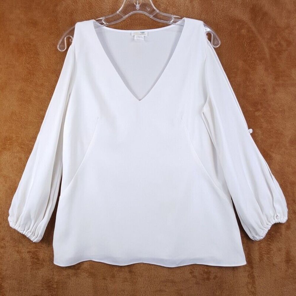 SHOSHANNA Womens Top Small White Pullover Banded Slit Sleeve VNeck Blouse